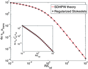 RS calculations for the translational mobility of a cylindrical inclusion in a homogeneous free membrane. We observe good agreement with the results of ref. 7 with no free fitting parameters. The maximum deviation from the result of ref. 7 and 9 is 0.2% over the range 10−4 ≤ R/LSD ≤ 104. Inset: the rotational mobility is also in good agreement with ref. 7 and 28, with a maximum error of 0.4%.