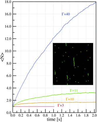 Time evolution of the average chain size 〈N〉 (data from ref. 26) as obtained from simulations with different values of Γ and volume fraction ϕ0 = 5.23 × 10−4 (concentration 0.5 g l−1). Inset: snapshot of the simulation with Γ = 10 illustrating the chains formed in the equilibrium state (only a small portion of the system is shown).