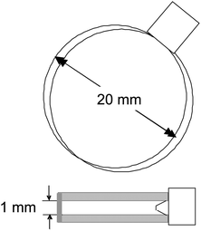 A sketch of the sample cell. The upper figure shows a view from the top, from which direction images are taken, while the lower figure is a side view. The diameter of the circular cuvette is 20 mm, and the thickness is 1 mm.