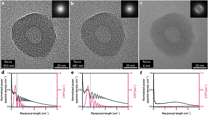 The effect of defocus on imaging. Bright field TEM images of a polyacrylic acid-b-polystyrene polymersome at (a) −955 nm focus, (b) −481 nm focus and (c) 6 nm focus. Inset are sections from their respective fast Fourier transforms. The normalized power spectral density (black) and square of the predicted contrast transfer function (red) for (a)–(c) are given in (d)–(f) respectively.