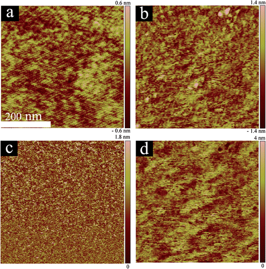 PeakForce QNM mode topographical images of (a) silica surface in water, (b) diblock copolymer (METAC)m-b-(PEO45MEMA)n adsorbed on the silica surface. The deformation images of (c) silica surface in water and (d) the diblock copolymer adsorbed on the silica surface. The scale bar of 200 nm is identical for all images.