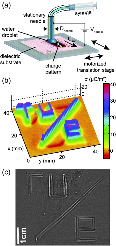 (a) Schematic of the experimental setup for deposition of surface charge patterns on dielectric substrates. A droplet of water is attached to a hollow metal needle maintained at a voltage Vneedle and moved along the substrate in a pre-determined trajectory using a motorized translation stage. (b) Surface charge pattern σ(x,y), resembling a TU/e logo, as measured with an electrostatic voltmeter. (c) Photograph of the dielectrophoretic deformation of a thin liquid film of squalane, approximately 1 min after spin-coating onto the pattern of (b).