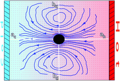 Cross-section of the flow field induced by a thermophilic colloid fixed between parallel cold and hot walls. Small red arrows indicate the flow velocity direction and intensity, while the thick blue lines correspond to the flow stream lines. The axes where the flow velocities are quantified in Fig. 2 are displayed here in white.