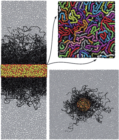 Snapshots of model polyethylene–silica planar surfaces and nanoparticles. Polymer molecules in contact with the surface are shown explicitly in black. Train segments belonging to different chains are depicted for a flat surface. The figure is taken from ref. 87.