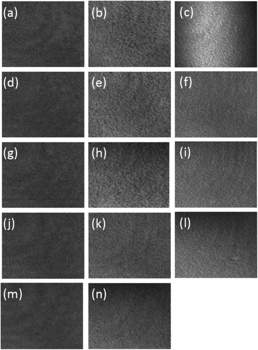 BAM images of DSPC monolayer spread on pure water (a, d, g, j and m), an aqueous solution of 20 mM CaCl2 (b, e, h, k and n) and an aqueous solution of 20 mM CaCl2 containing 0.067 mg mL−1 DNA (c, f, i and l) at 295 ± 2 K and compressed to 10, 20, 30, 40 and 50 mN m−1, respectively. The size represented by each image is 430 μm (vertical) ×538 μm (horizontal). Experiment resolution is ∼2 μm.