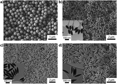 Scanning electron micrographs (SEM) of seed spheres S0 (a) and spheroids S2–S4 (b–d) of various aspect ratios. Insets denote transmission images (TEM) of the respective particles.