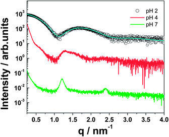 SAXS profiles for 1 wt% C16-KTTKS at pH 2, pH 4 and pH 7. The solid line through the data for the pH 2 sample is a fit to a form factor for spherical micelles, as described in the text and in the ESI.