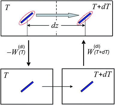 The alternative path to move the colloid from a box with temperature T over a distance dz to the neighbouring box with temperature T + dT. W(dl)(T) is the reversible work that is required to charge the colloid. The colloid is the blue rod, while the red dashed lines are used to indicate the presence of the double layer.