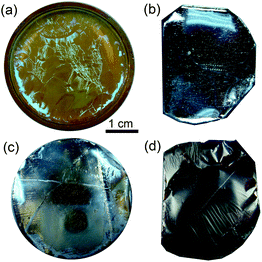 (a) Top-view optical photographs of the silicon films deposited on the surface of [BMIM][BF4] for 30 min. (b–d) Silicon films transferred onto Al plates with the deposition time of 30 s, 2 min, and 2 h, respectively. (a–d) are of the same scale.