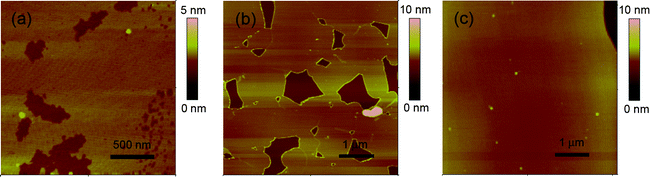 AFM images of the ultrathin films with thicknesses of 0.9 (a), 2.1 (b) and 3.6 nm (c).
