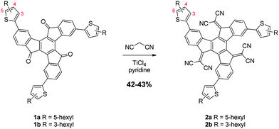 Synthesis of truxenone-based acceptor compounds 2a and 2b.
