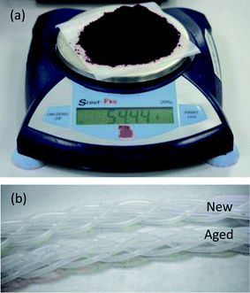 (a) Photograph of 54.4 g of purified CdTe from nine-hour production run. (b) Photograph of braided PTFE reaction lines before and after use; used lines showed no signs of fouling or aging.