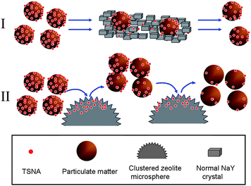 Removal of TSNA by (I) normal NaY and (II) clustered zeolite microsphere in tobacco smoke.
