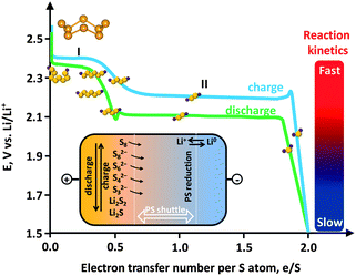 Electrochemistry of sulfur showing an ideal charge–discharge profile. Inset: polysulfide (PS) shuttle.