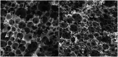 SEM pictures of pDCPD-30w-10v before (left) and after thermal treatment under pure oxygen (right) showing macroporous α-Fe2O3.