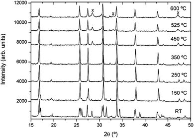 Thermal evolution in air of the X-ray diffractograms of sample 1. The crosses indicate the formation of the La2Zr2O7 pyrochlore phase upon heating.