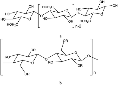 Schematic representation of the molecular structure of (a) cellulose (n-degree of polymerization) and (b) cellulose ester (R-functional group for each type of cellulose ester).