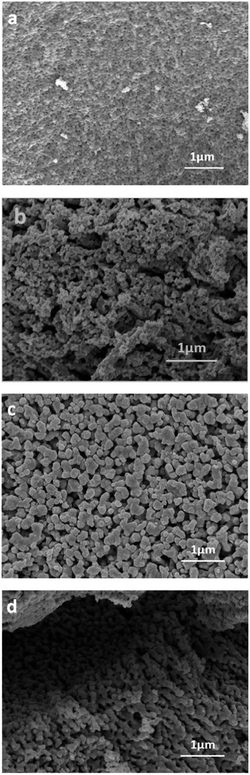 Micrographs of La0.2Sr0.25Ca0.45TiO3 powders after calcination at various temperatures: (a) 900 °C (S1); (b) 900 °C (S2); (c) 1000 °C (S3) and (c) 1100 °C (S4).