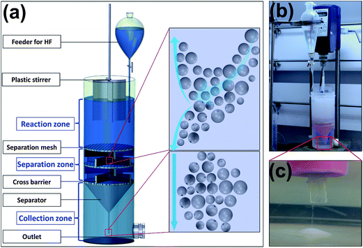 (a) The schematic configuration of the specially designed etching system with interconnected segmented zones; (b) the real image of the reaction system during etching; (c) the enlarged tip in the collection zone showing the deposition of the well-etched GBs.