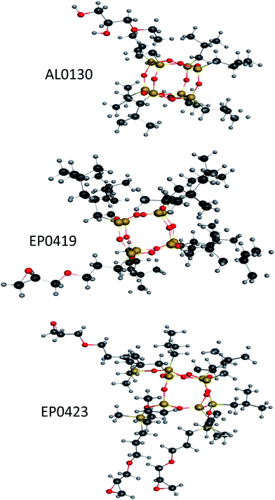 Representations of POSS reagents used in this work (structures produced using MOE 2010.11). N.B., carbon atoms are dark grey, hydrogen atoms are light grey, oxygen atoms are red and silicon atoms are golden.