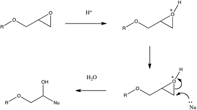 General mechanism for the acid catalysed ring opening of the epoxide group.