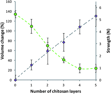 Swelling (purple diamonds) and strength (green circles) of polymer matrices during the deposition of alginate–chitosan multilayers. Data given as mean (n = 5) ± standard deviation. Fit on strength data intended as a guide to the eye.