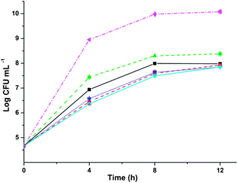 Antiviral effect of particles in a host–virus system after a single polymer dose. Differences between the imprinted and control samples were statistically significant. Single-factor ANOVA: p < 0.01 (: vMIPMAA; : NIPMAA; : viMIP; : iNIP; : phage infected bacteria without particles;  – non-infected bacteria without particles).