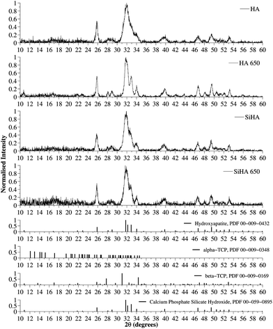XRD patterns of as precipitated HA/SiHA and HA/SiHA sintered at 650 degrees (HA 650/SiHA 650) and JCPDS card number 00-009-0432 (Hydroxyapatite). Intensity values of all samples were normalised to the most intense diffraction peak of the HA sample. The broad diffraction peaks suggested the samples were made of nanosized crystals and no other phases of calcium phosphate were detected.