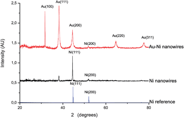 XRD patterns of randomly oriented Ni nanowires and Au–Ni nanowires and a pure Ni reference sample.