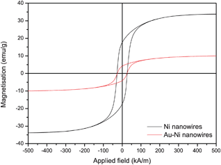 Hysteresis curves of Ni nanowires and Au–Ni nanowires in random orientation under an external field. Ms = 34 emu g−1 for uncoated and Ms = 10 emu g−1 for Au coated Ni nanowires, suggesting a coating thickness of 34 nm on a 2.6 μm long Ni nanowire with 150 nm diameter.