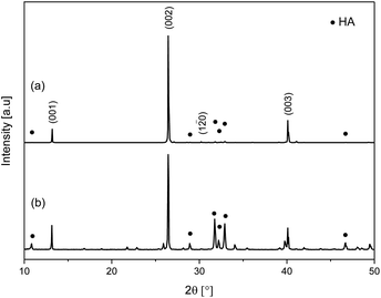 XRD patterns of products obtained using Ca/P ratios of (a) 1.4 (W80E20) and (b) 1.67 (W80E20-1.67).