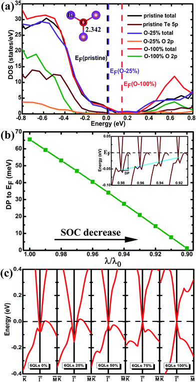 (a) The total and projected DOS plots calculated for the pristine and the O-substituted 6QL-slabs. To make the impurity states more visible, the values of the projected DOS values for the Te 5p and O 2p states are multiplied by a factor of 10. The vertical dashed lines denote the Fermi levels. All of the DOS plots are aligned by using the Te 5p states of the deepest QL layer. The inset shows the local structure of the O–Bi layer with 25% O substitution. (b) The relative distance between the Dirac point and the Fermi level (EF) as a function of the SOC strength (λ0 is the actual SOC strength). The inset shows the evolution of the Dirac point with different SOC strength. (c) The band structures calculated for the 6QL-slab with 0%, 25%, 50%, 75%, and 100% O-substitution in the outermost Te layers. The highest occupied and the lowest unoccupied bands are plotted to clearly show the evolution of the TSS states. The Fermi level is indicated by the dashed line at 0 eV.