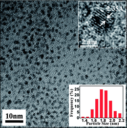 Typical TEM image of the 11-MUA-AuNCs. The insets show the HRTEM image (top) and the size distribution histogram (bottom).