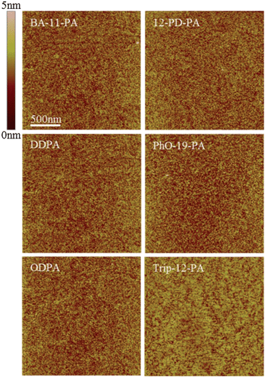 AFM images of the SAM coated substrate morphology. All substrates exhibit similar roughness to bare SiO2 coated with a 2.5 nm AlOx adhesion layer (0.25 nm RMS). Note that no surface aggregation is seen on any of the surfaces, indicative of true monolayer formation.