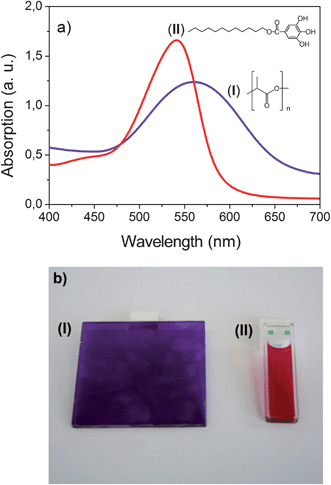 Absorption spectra (a) and photographs (b) of cyanidin chloride in PLA (I) (c = 0.213 mg g−1, T = 20 °C and d = 2 mm) and in dodecyl gallate (II) (c = 0.213 mg g−1, T = 100 °C and d = 1 mm for the spectrum and 2 mm for the photograph).