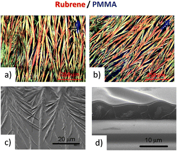 (a and b) Polarized optical microscopy images of bi-functional rubrene–PMMA composites on a glass substrate. The blue arrow indicates the casting direction; black arrows show orientations of polarization planes of the polarizer and analyzer. SEM images of the rubrene–PMMA composite: (c) surface and (d) cross-section.