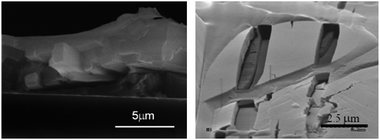 The surface and cross-sectional SEM images of the PTCDI-C5(3)–PMMA composite (1 : 1).