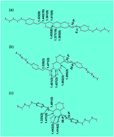 Molecular structures of 2,6-DPSAnt (a), 1,5-DPSAnt (b), and 9,10-DPSAnt (c) obtained from single crystal X-ray analyses, showing the corresponding bond lengths (in Å) and torsional angles.