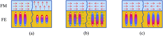 Diagrammatic illustration of the different types of interfacial coupling in ferromagnetic/ferroelectric artificial multiferroic structures: (a) strain, where electro-strain in the ferroelectric propagates to the ferromagnet to induce a magnetoelastic anisotropy; (b) spin exchange, where the exchange bias direction is controlled by the orientation of the antiferromagnetic spin alignment of a multiferroic layer; and (c) charge mediated, where charge modulation through screening of the ferroelectric polarisation induces changes in the magnetic interaction of the ferromagnet. Arrows represent magnetic moments, ellipses the ferroelectric polarisation.