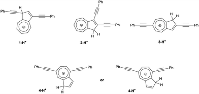 Plausible structures of di(phenylethynyl)-azulenes after treatment with superacids.
