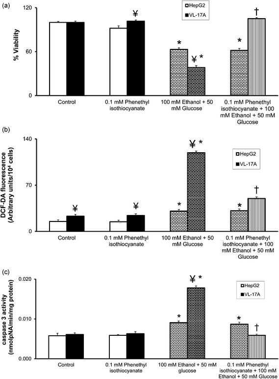 Effect of CYP2E1 inhibition with 0.1 mM phenethyl isothiocyanate (PIC) on (a) viability; (b) ROS levels; and (c) caspase-3 activity in HepG2 and VL-17A cells. HepG2 and VL-17A cells were treated with 100 mM ethanol plus 50 mM glucose or 0.1 mM PIC; or 0.1 mM PIC plus 100 mM ethanol plus 50 mM glucose for 72 hours. (a) Cell viability was measured through an MTT assay. (b) The levels of intracellular ROS were measured by fluorescence spectrometry using 2′,7′-DCF-DA as the probe. (c) The caspase 3 activity was measured by the formation of pNA from Ac-DEVD-pNA. Results are expressed as mean ± S.E. of three experiments. * p < 0.05 compared with untreated VL-17A cells, ¥ p < 0.05 compared with corresponding HepG2 cells, † p < 0.05 compared with 100 mM ethanol plus 50 mM glucose treated HepG2 or VL-17A cells.