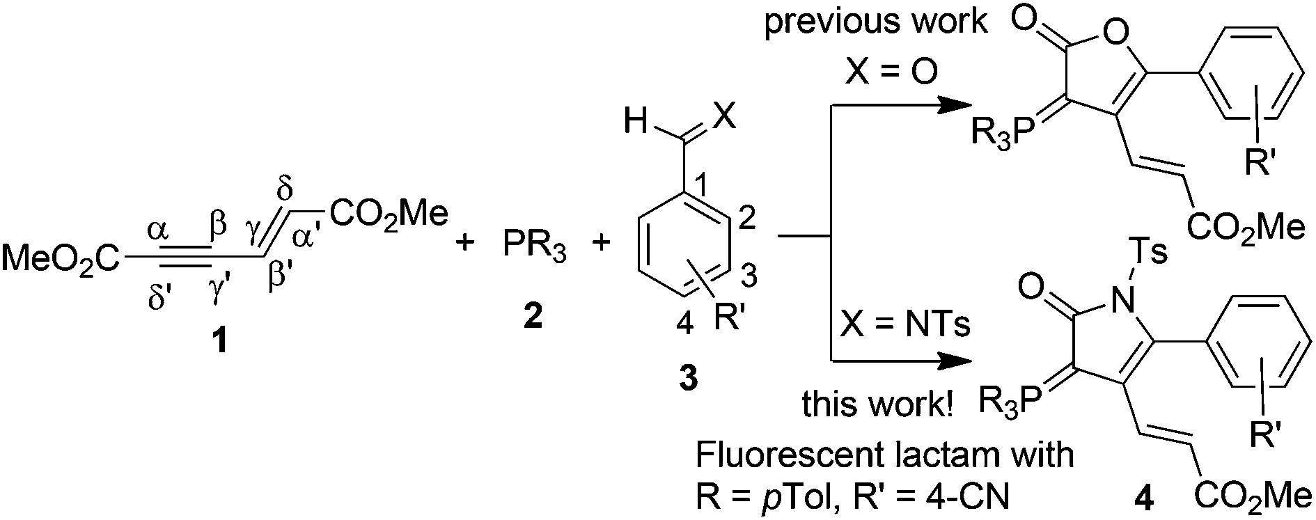 One Pot Formation Of Fluorescent G Lactams Having An A Phosphorus Ylide Moiety Through Three Component A D Michael Reactions Of Phosphines With An Enyne And N Tosyl Aldimines Organic Biomolecular Chemistry Rsc Publishing