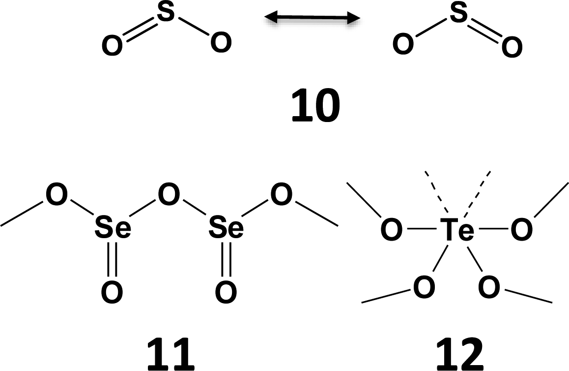 The structures of SO2 (10), SeO2 (11), and TeO2 (12). 