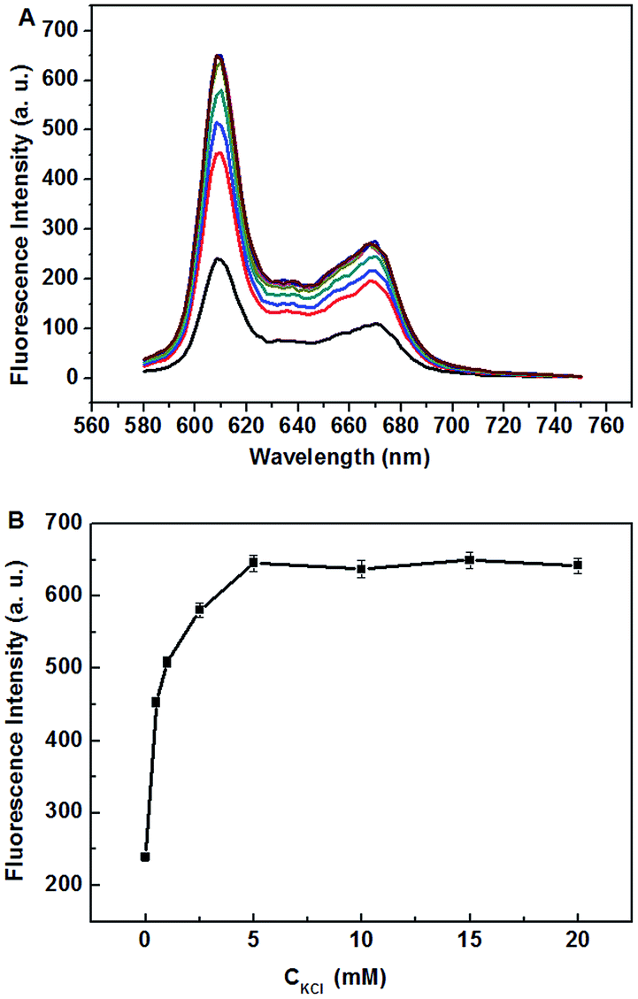 A) Fluorescence intensity of NMM at 608 nm in the presence of distinct