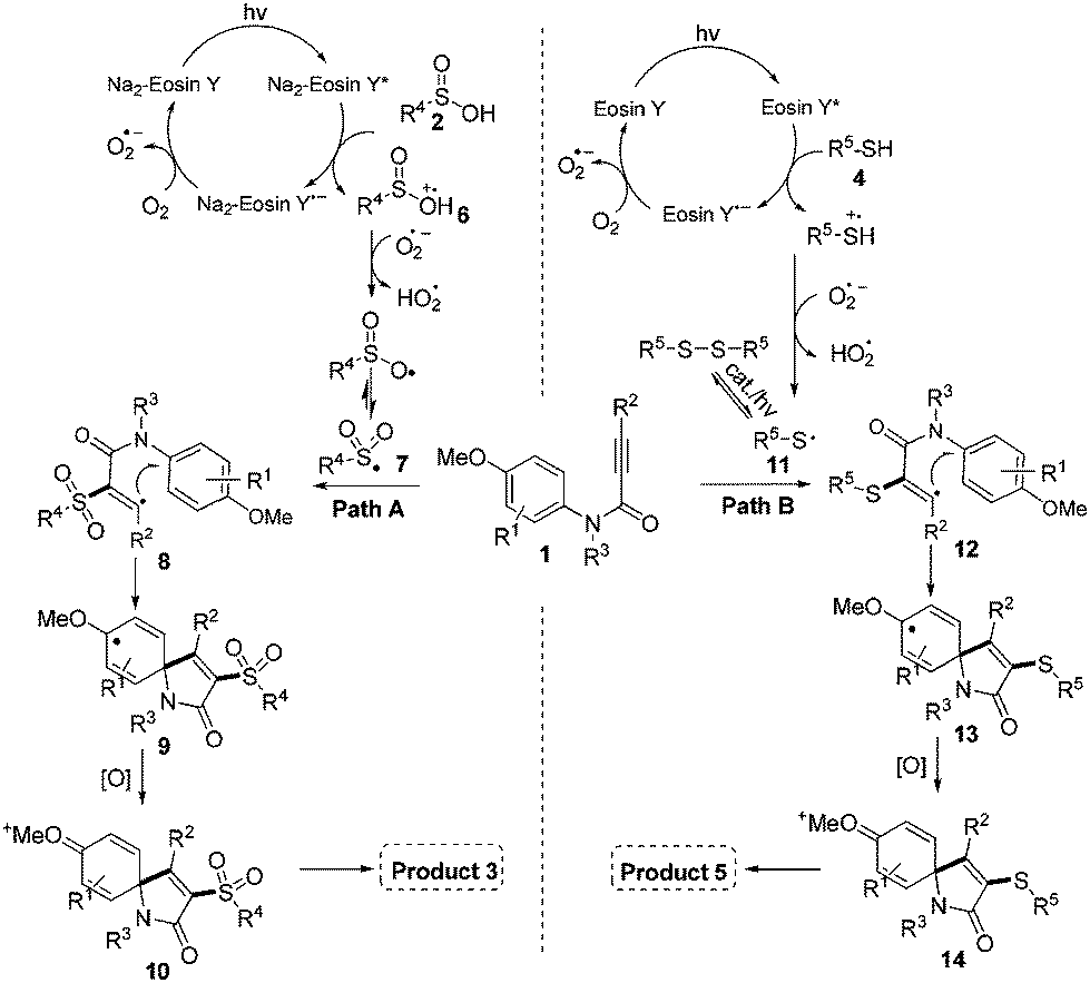 Visible Light Enabled Spirocyclization Of Alkynes Leading To 3 Sulfonyl And 3 Sulfenyl Azaspiro 4 5 Trienones Green Chemistry Rsc Publishing