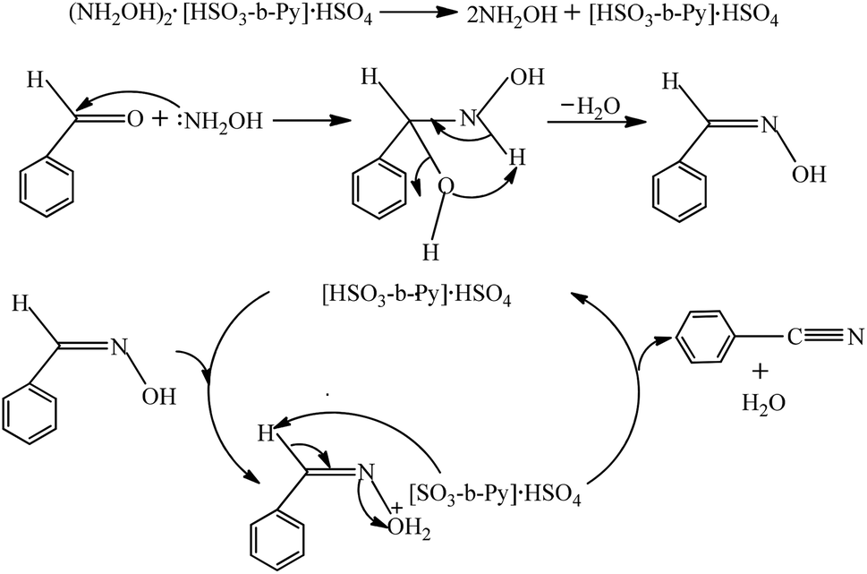 Plausible mechanism for synthesis of benzonitrile from benzaldehyde and (NH2OH)2-HSO3-b-Py. 