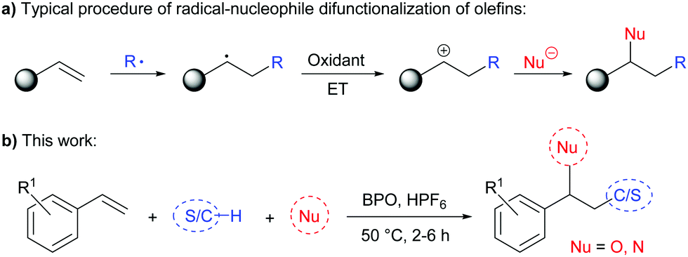 Acid Promoted Radical Chain Difunctionalization Of Styrenes With Stabilized Radicals And N O Nucleophiles Chemical Communications Rsc Publishing