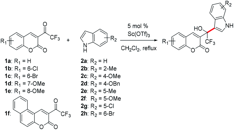 Synthesis Of 1 B Coumarinyl 1 B Indolyl Trifluoroethanols Through Regioselective Friedel Crafts Alkylation Of Indoles With B Trifluoroacetyl Coumarins Catalyzed By Sc Otf 3 Rsc Advances Rsc Publishing