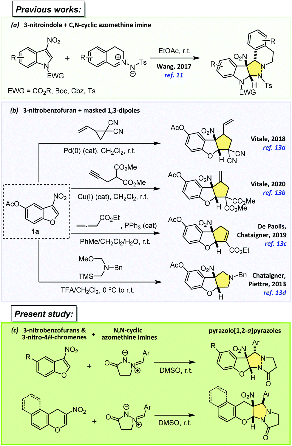 Catalyst-free formal [3 + 2] cycloaddition of stabilized N , N -cyclic  azomethine imines to 3-nitrobenzofurans and 3-nitro-4 H -chromenes: access  to h ... - Organic & Biomolecular Chemistry (RSC Publishing)  DOI:10.1039/D1OB01377G