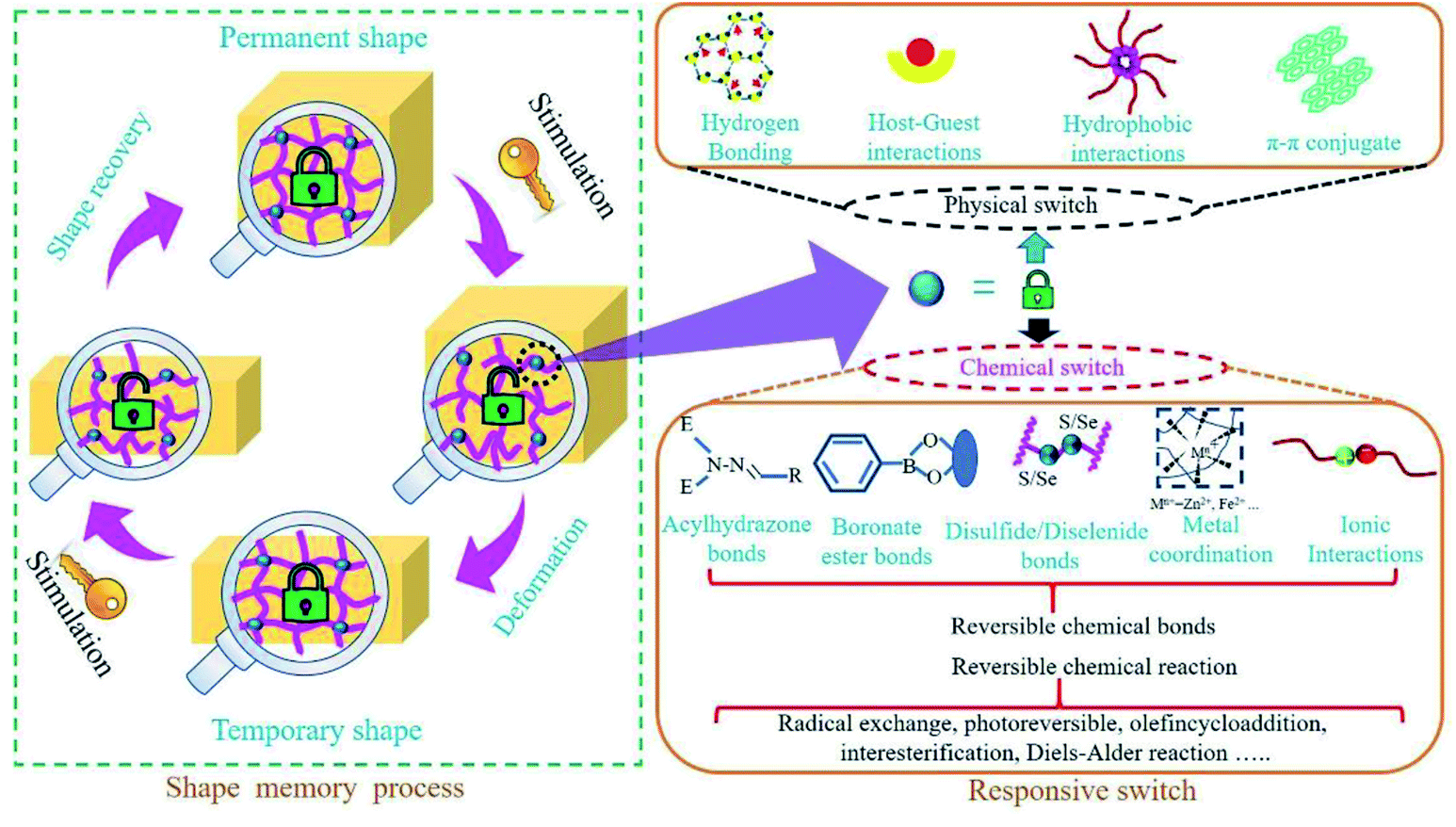 Review of chemo‐responsive shape change/memory polymers